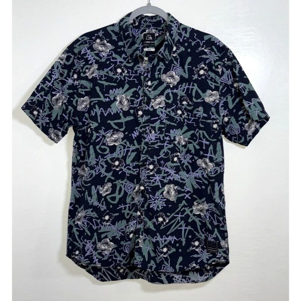 Quiksilver Men’s Hawaiian Boarding Shirt Navy Blue Slim Fit Cotton Size Medium